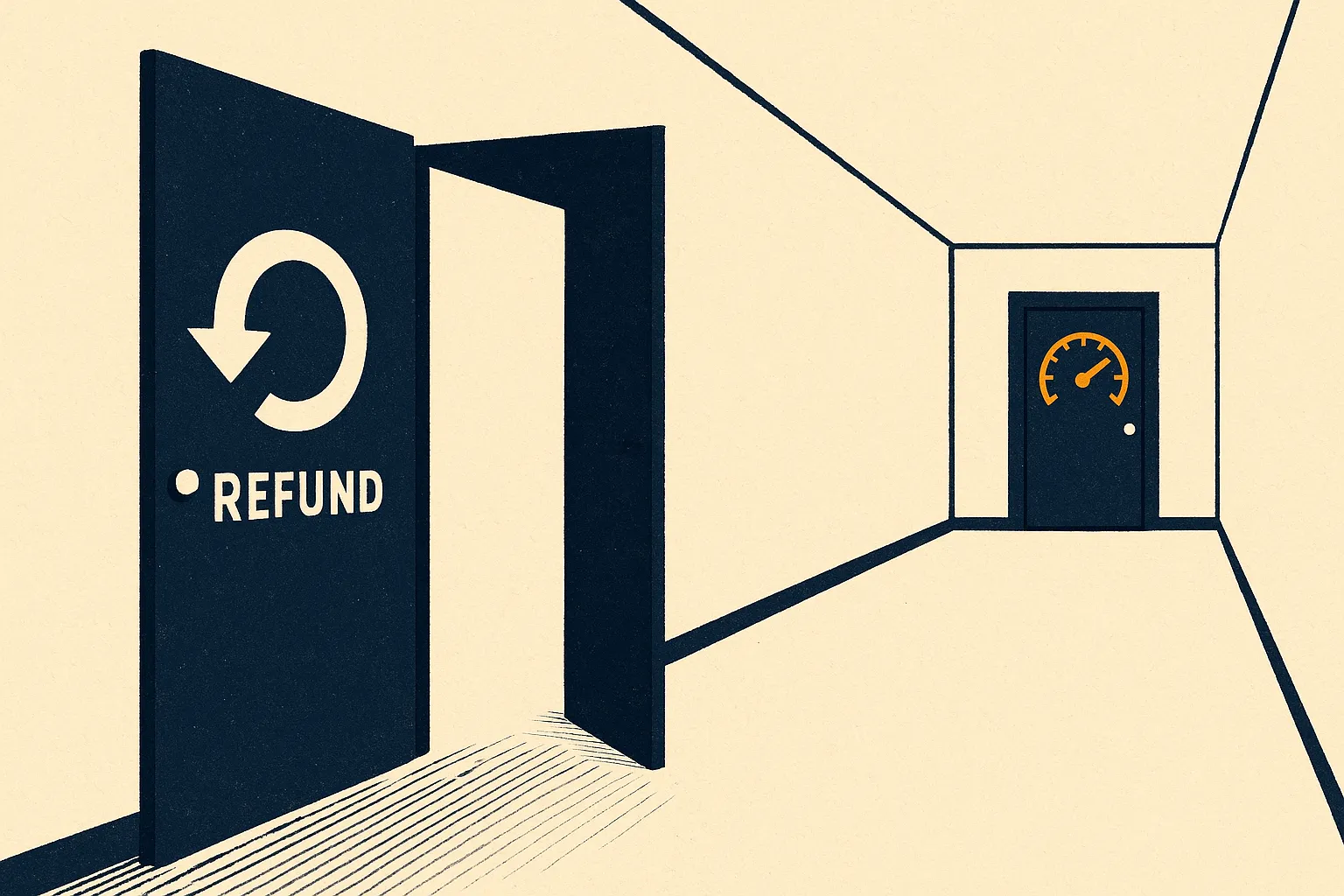 Illustration: a near open refund door and a distant door ringed by a toll meter, representing free look versus surrender charges.
