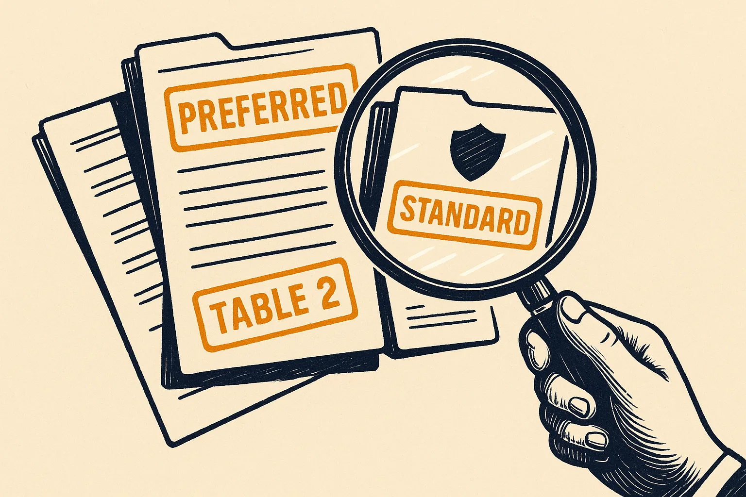 Illustration: one medical file producing three different rating stamps under a magnifying glass.