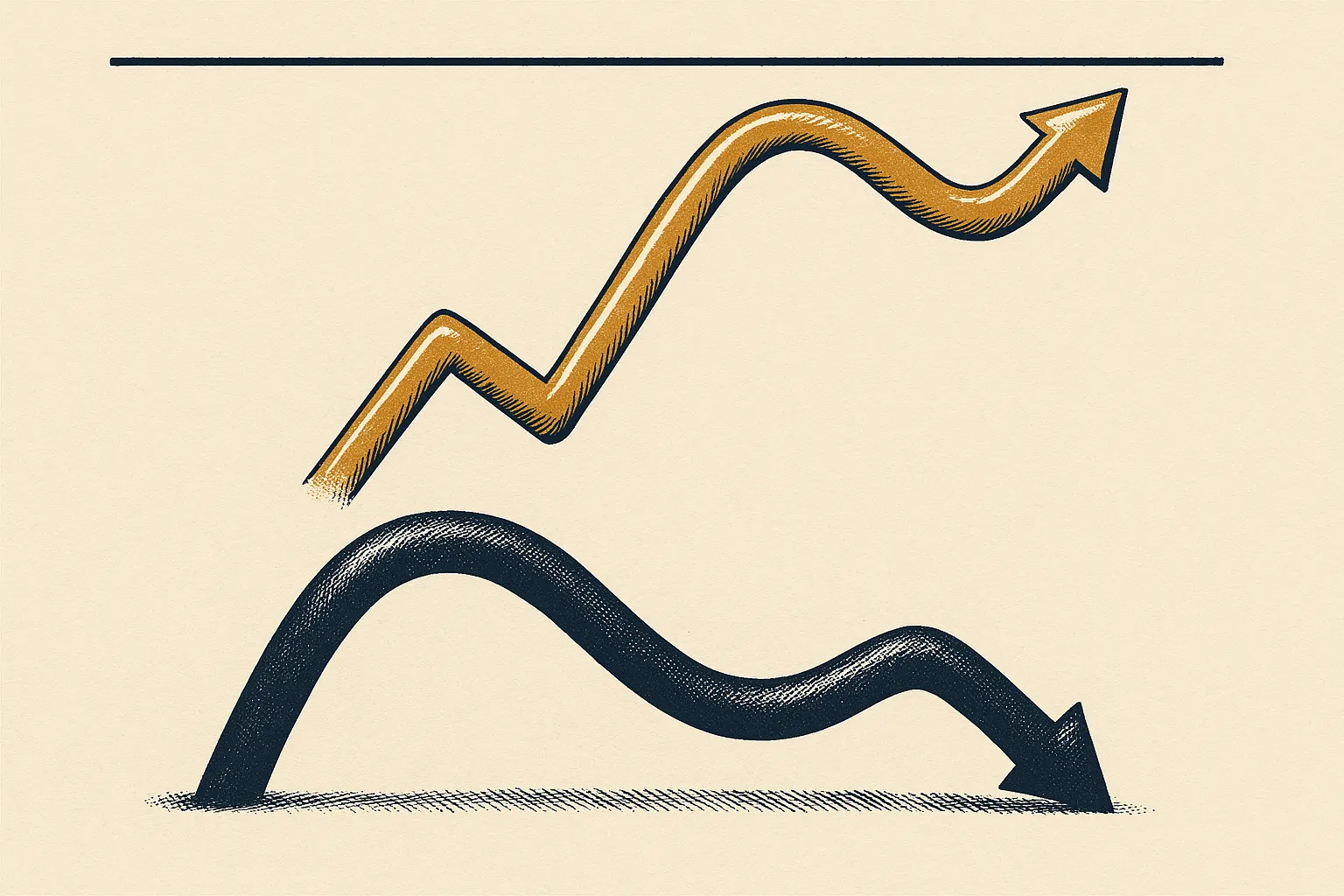 Illustration: a promised rising growth arrow sagging below a hidden cap toward a lower real return.