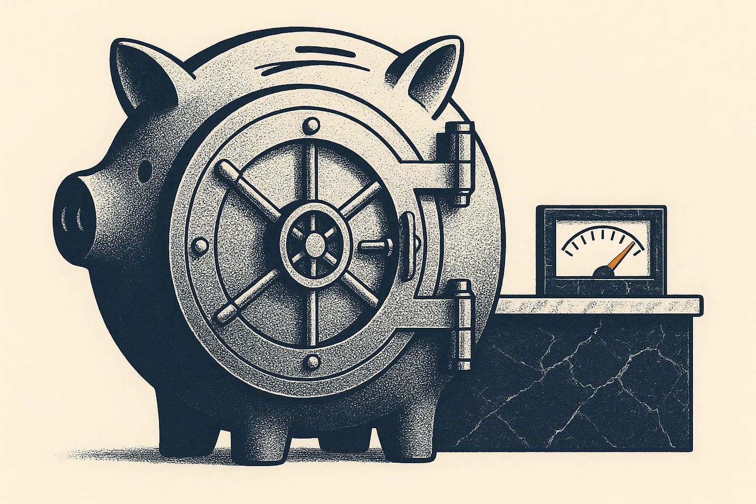 Illustration: a bank vault shaped like a piggy bank with a hidden meter, representing the infinite banking sales pitch.