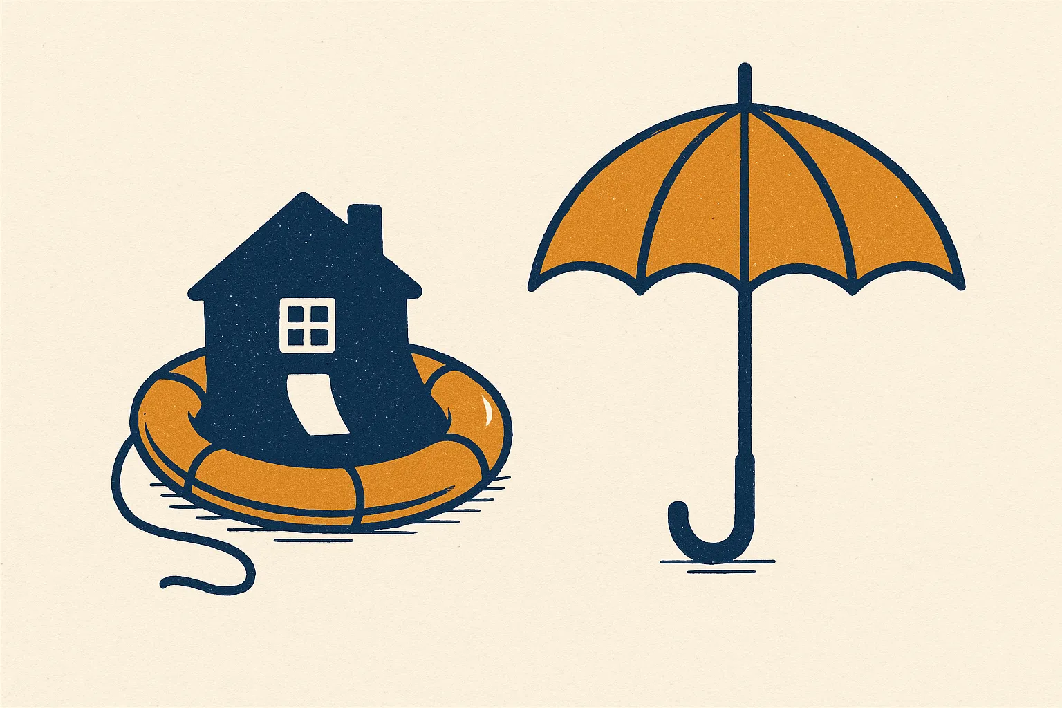 Illustration: a deflating house-shaped raft next to a steady full-size umbrella, comparing mortgage protection to level term.