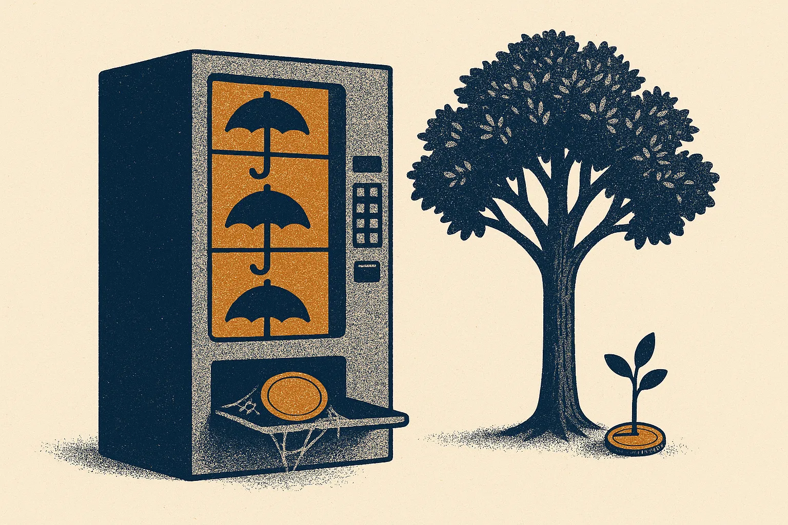 Illustration: a coin-returning vending machine beside a grown tree planted with the same coins, showing opportunity cost.