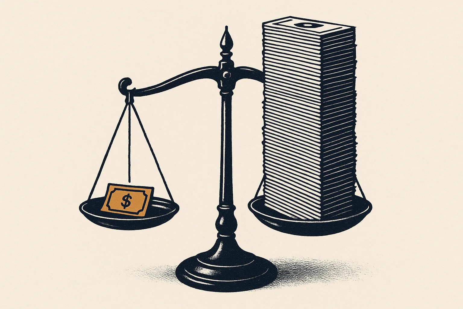 Illustration: a balance scale tipping heavily toward a large stack of commission bills versus a tiny term-life check.