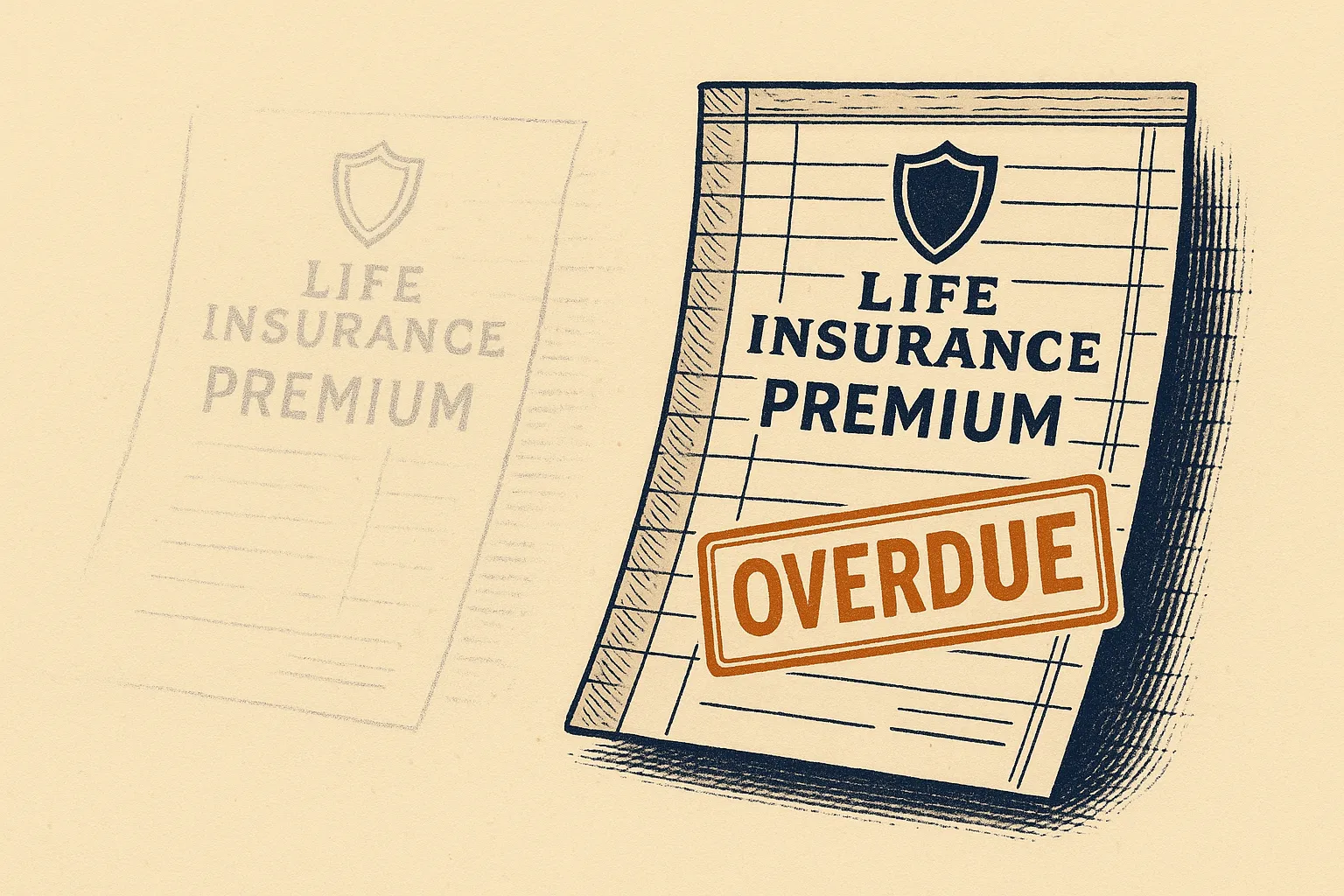 Illustration: a premium bill fading then reappearing stamped overdue, representing the vanishing premium tactic.