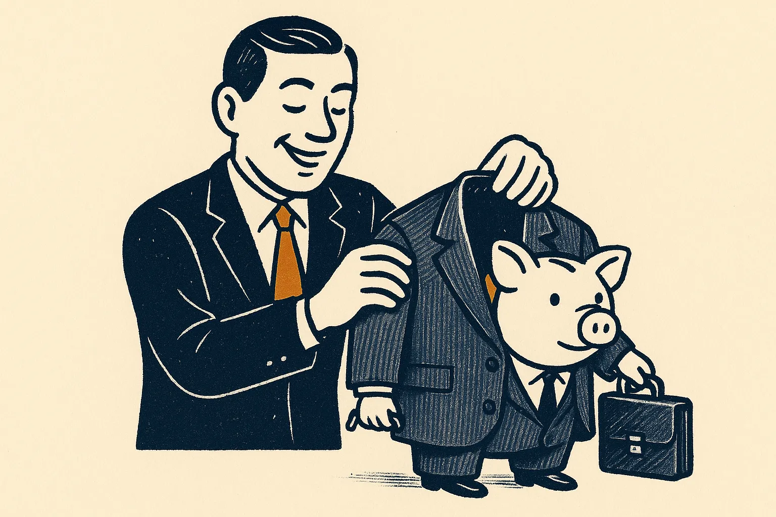 Illustration: a small piggy bank dressed in an oversized adult business suit, representing child whole-life policies.