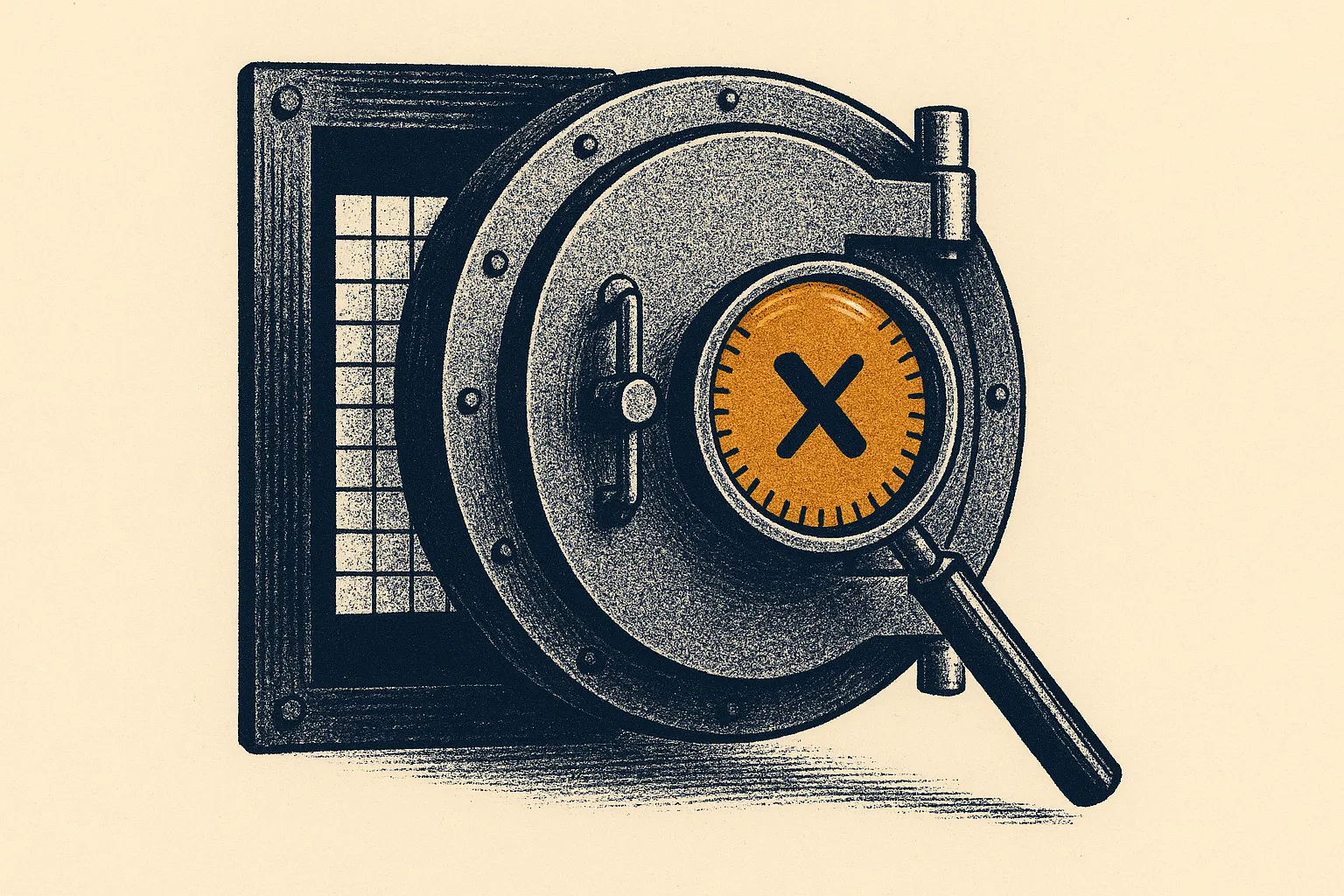 Illustration: a hidden grid ledger behind a vault door with a multiplier dial and magnifying glass.