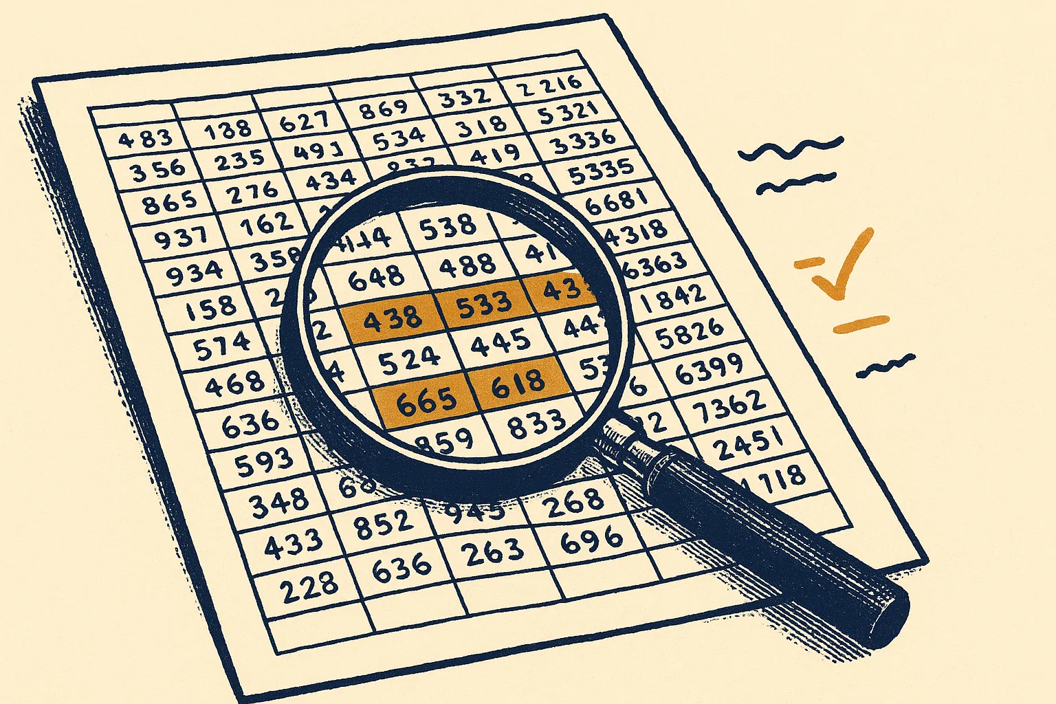 Illustration: a magnifying glass over three highlighted rows of a dense in-force ledger spreadsheet.