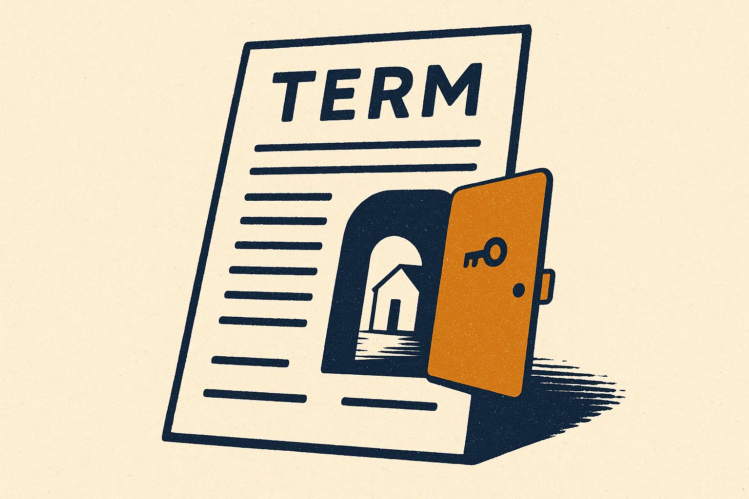 Illustration: a term policy with a hidden golden hatch opening to a permanent structure, representing the conversion rider.