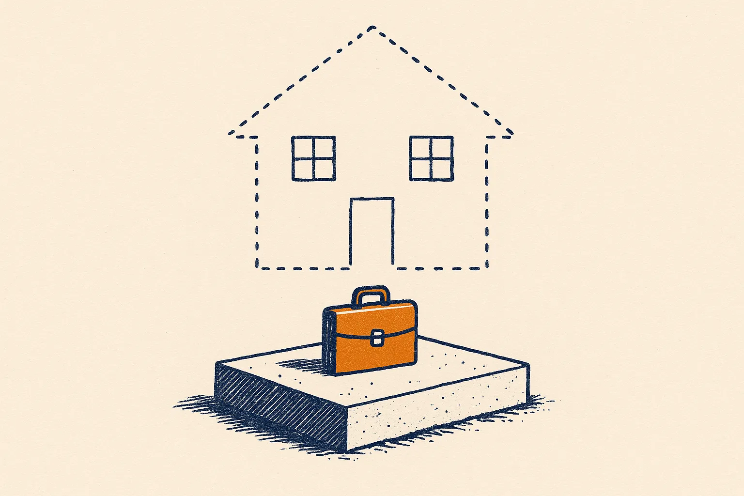 Illustration: a small foundation slab under a dotted full-house outline, representing employer group life as only a base layer.