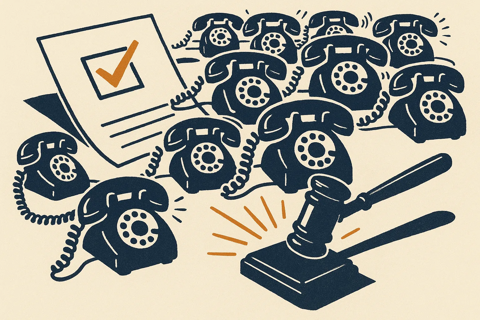Illustration: one checkbox multiplying into many ringing phones beneath a court gavel.