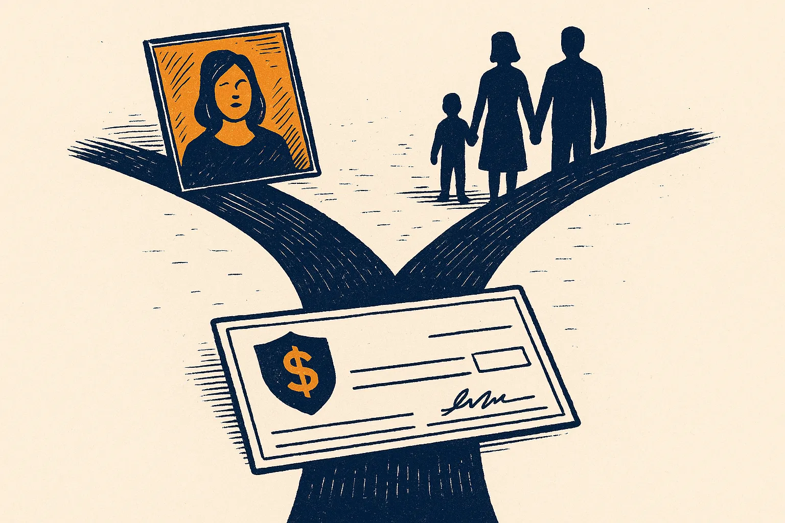 Illustration: a death-benefit check at a forked road, one path to family and one to a faded ex-spouse photo.