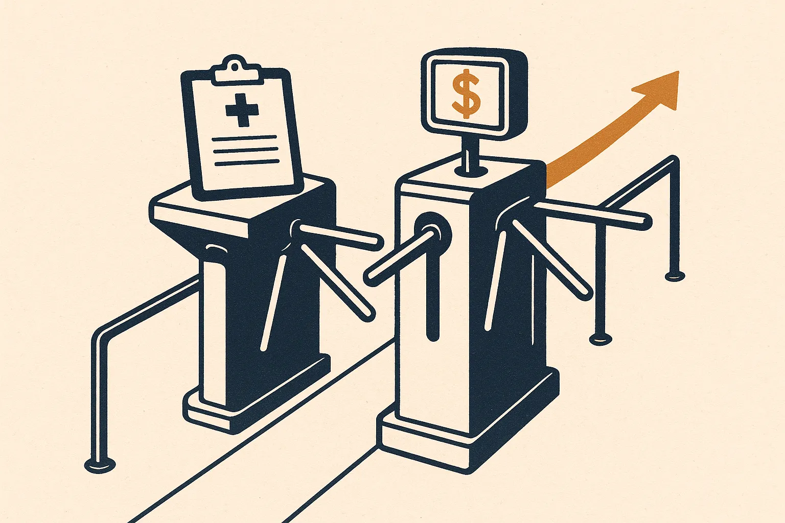Illustration: a fast-pass turnstile with a surcharge meter beside a slower free lane with a clipboard, showing the no-exam trade-off.